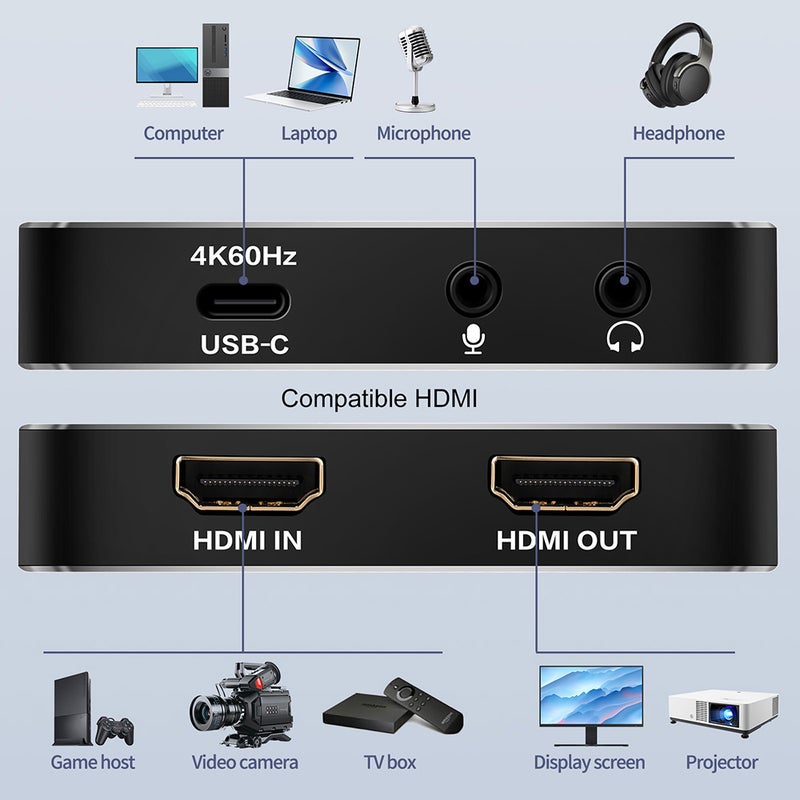 بطاقة التقاط الفيديو المتوافقة مع HDMI 4K USB 3.2 4K60Hz بدور تأخير منخفض، قابلة للالتقاط والاستخدام، جهاز تسجيل وتدفق ألواني بدخول/مخراج 4Kp60 - Image 3
