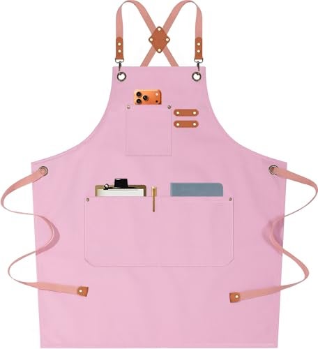 AFUN Chef Aprons for Men Women with Oversized Pockets 16Ounce Cotton Canvas Cross Back Heavy Duty Work Apron Light Pink - Image 1