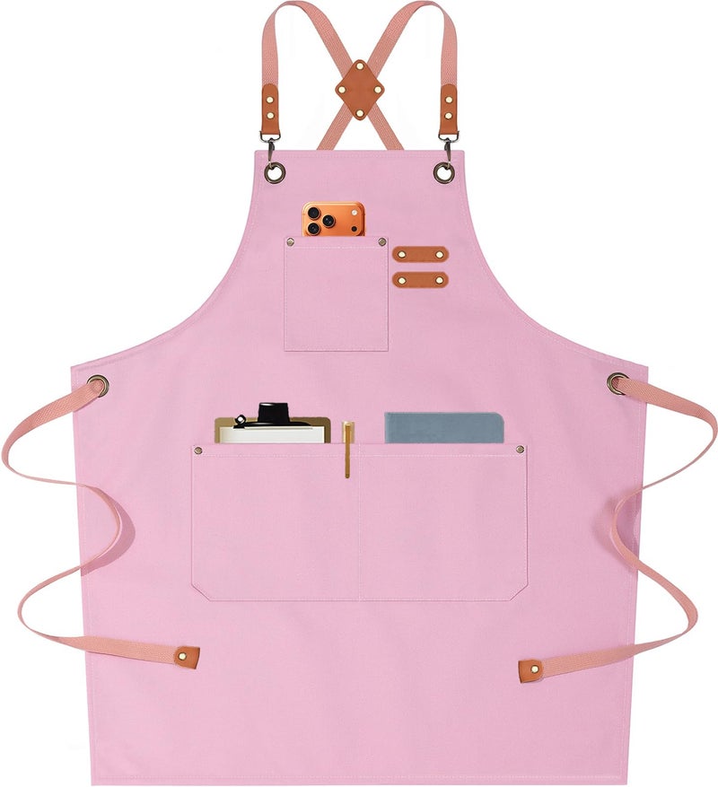 AFUN Chef Aprons for Men Women with Oversized Pockets 16Ounce Cotton Canvas Cross Back Heavy Duty Work Apron Light Pink - Image 2
