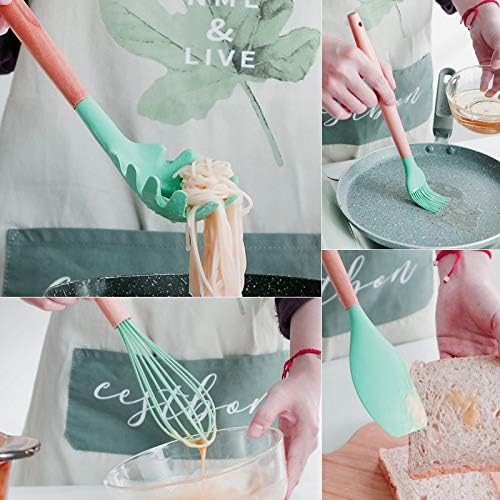 Eslora Silicone Kitchen Utensils Spoon Spatula Cooking 12 Pcs Set NonStick with Wooden Handle BPA Free Heat Resistant Item Flexible Non Toxic Silicon Cookware Tools with Holder - Image 4