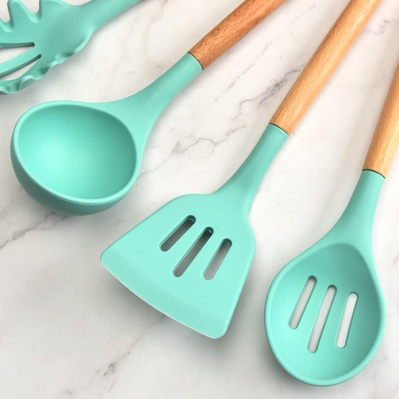 Eslora Silicone Kitchen Utensils Spoon Spatula Cooking 12 Pcs Set NonStick with Wooden Handle BPA Free Heat Resistant Item Flexible Non Toxic Silicon Cookware Tools with Holder - Image 2