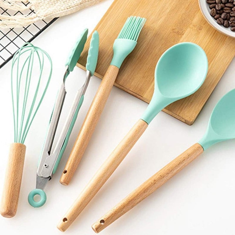 Eslora Silicone Kitchen Utensils Spoon Spatula Cooking 12 Pcs Set NonStick with Wooden Handle BPA Free Heat Resistant Item Flexible Non Toxic Silicon Cookware Tools with Holder - Image 3