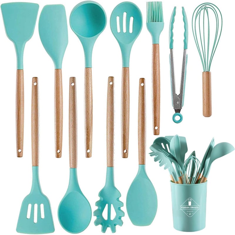 Eslora Silicone Kitchen Utensils Spoon Spatula Cooking 12 Pcs Set NonStick with Wooden Handle BPA Free Heat Resistant Item Flexible Non Toxic Silicon Cookware Tools with Holder - Image 1