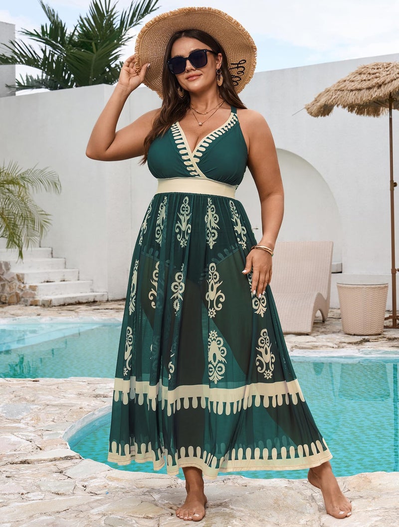 SCOMCHIC Womens Plus Size One Piece Swimsuit Tummy Control Bathing Suit Floral Prints Curvy Mesh Swim Skirt - Image 4