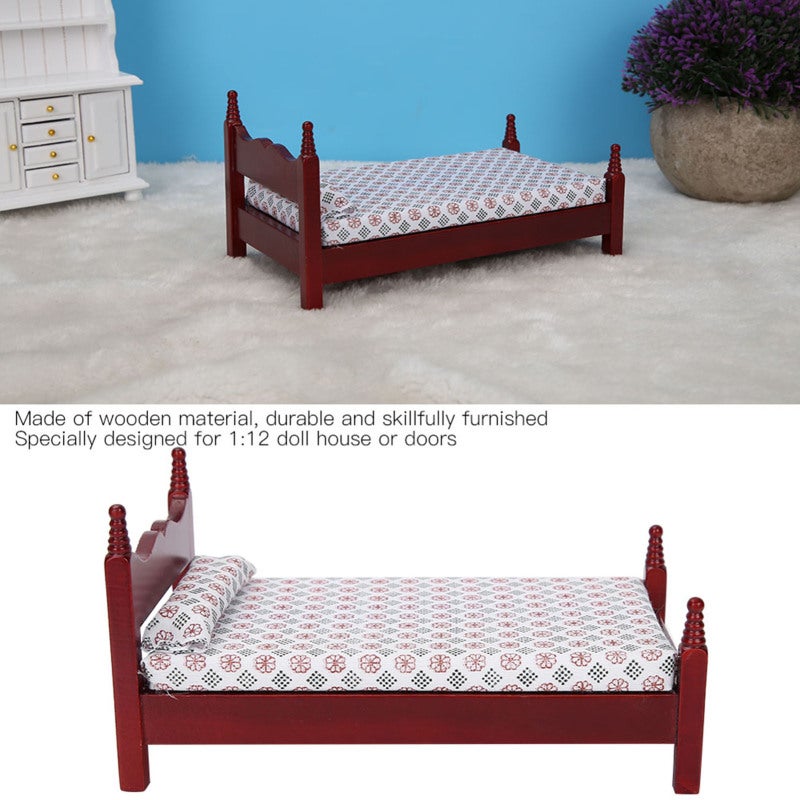 1:12 Scale Wooden Doll House Bed - Durable Wooden Construction With Mattress Pillows Sheets for Doll House Decoration, Doll Lovers And Kids - Image 5