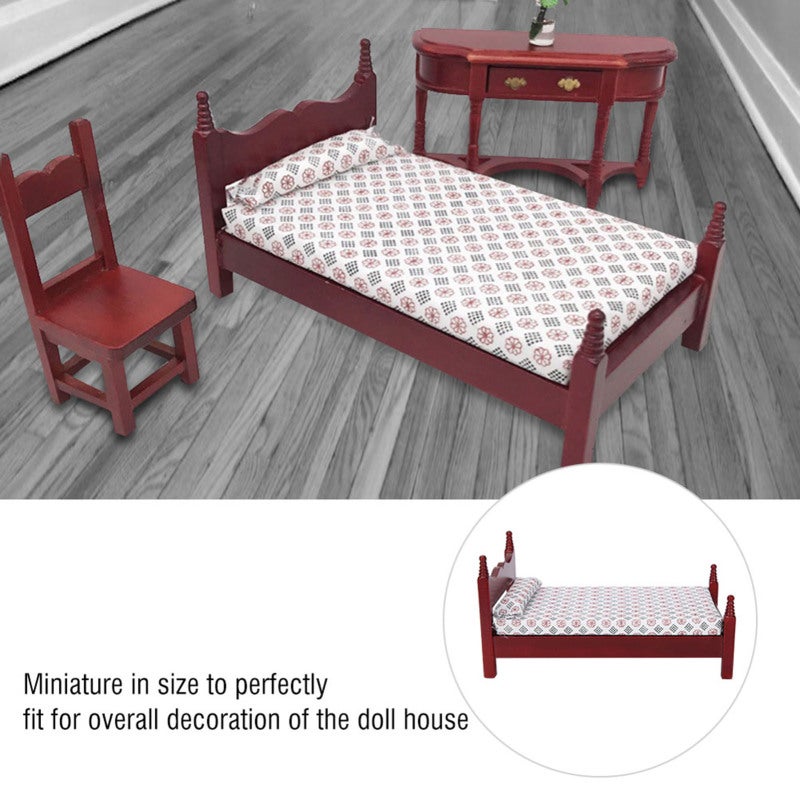 1:12 Scale Wooden Doll House Bed - Durable Wooden Construction With Mattress Pillows Sheets for Doll House Decoration, Doll Lovers And Kids - Image 2
