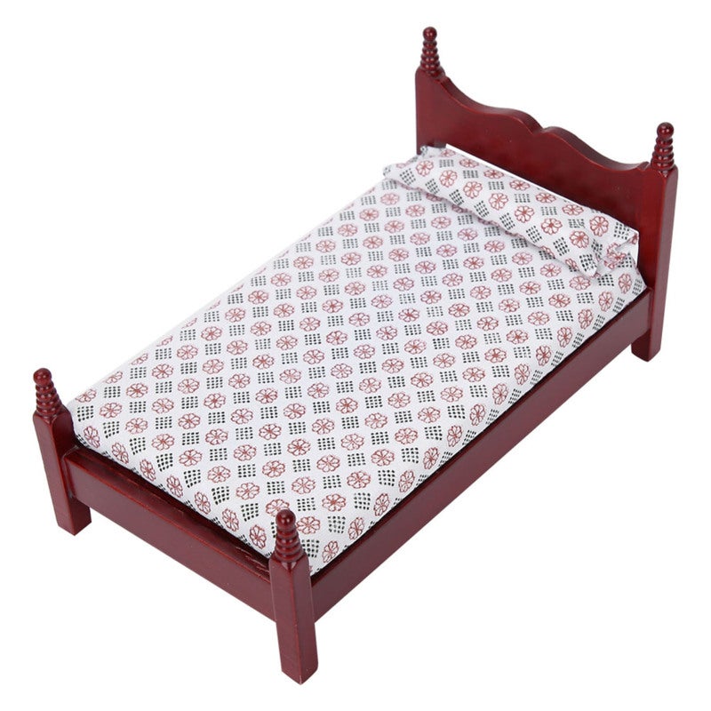 1:12 Scale Wooden Doll House Bed - Durable Wooden Construction With Mattress Pillows Sheets for Doll House Decoration, Doll Lovers And Kids - Image 1