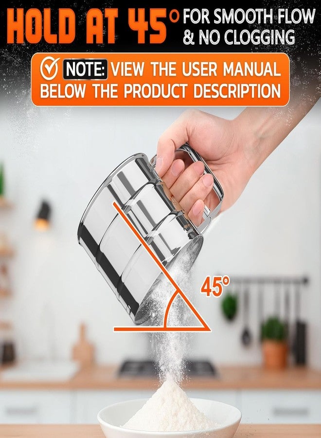 OLAMLY Flour Sifter | Stainless Steel Sifter for Baking | Double Layer Fine Mesh Baking Sifter | One Hand Press Crank Shaker | Hand Crank Powdered Sugar, Coco Shaker and Flour Duster - Image 3