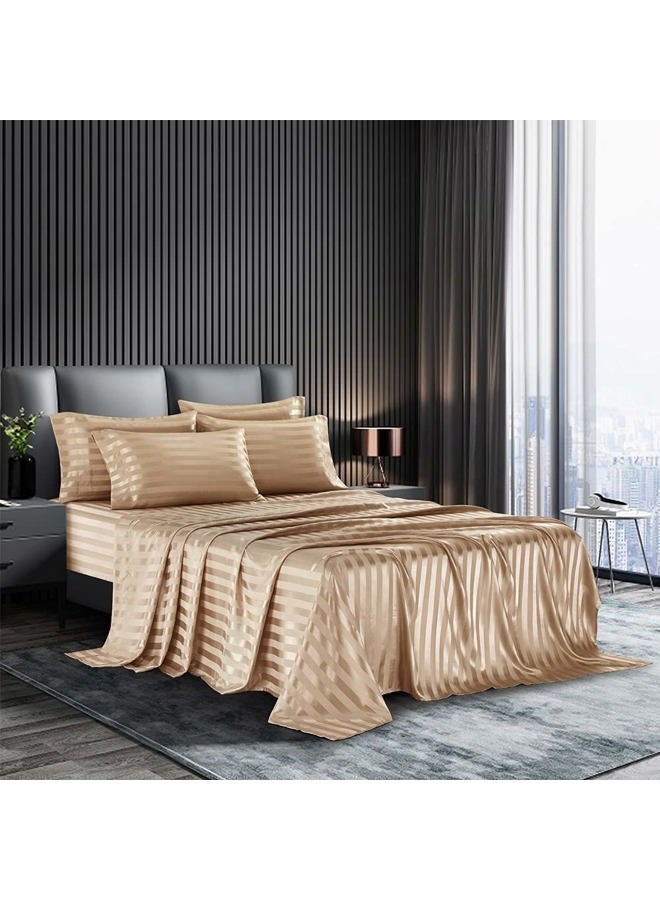 AiMay 6 Piece Bed Sheet Pillowcase Set Deep Pocket Luxury Rich Silk Satin Silky Super Soft Solid Color Stripes Reversible Stain-Resistant Wrinkle Free (King, Khaki) - Image 1