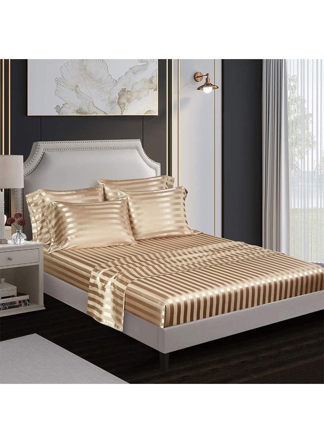 AiMay 6 Piece Bed Sheet Pillowcase Set Deep Pocket Luxury Rich Silk Satin Silky Super Soft Solid Color Stripes Reversible Stain-Resistant Wrinkle Free (King, Khaki) - Image 3