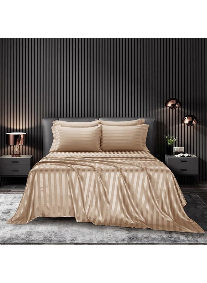 AiMay 6 Piece Bed Sheet Pillowcase Set Deep Pocket Luxury Rich Silk Satin Silky Super Soft Solid Color Stripes Reversible Stain-Resistant Wrinkle Free (King, Khaki) - Image 2
