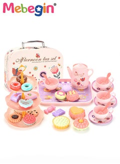 MEBEGIN Tea Set for Little Girls, Birthday Gift for Age 3+ Years Old, Toddler Toys Tea Party Set for Little Girls, Princess Kids Kitchen Pretend Toy with Tin Tea Set, Desserts & Carrying Case  - Image 1
