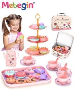 MEBEGIN Tea Set for Little Girls, Birthday Gift for Age 3+ Years Old, Toddler Toys Tea Party Set for Little Girls, Princess Kids Kitchen Pretend Toy with Tin Tea Set, Desserts & Carrying Case  - Image 2