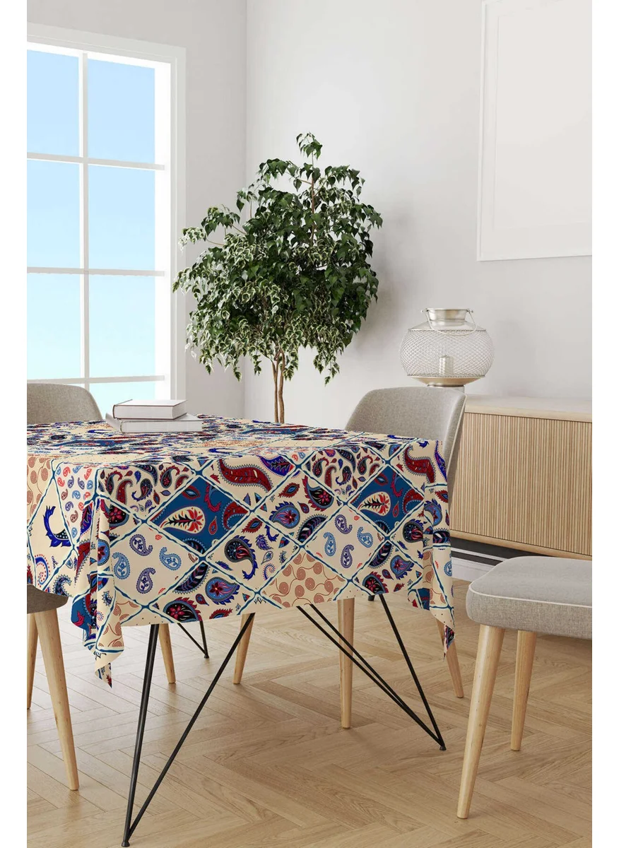 Cango Home Cream Blue Ethnic Motif Patterned Digital Printed Tablecloth CGH613-MS