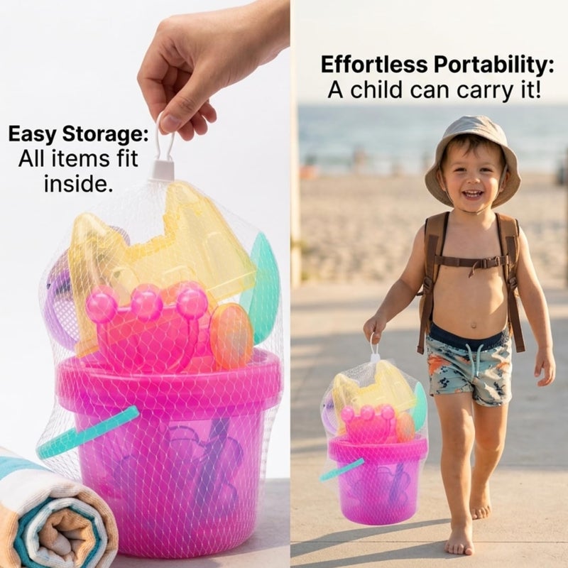 LotFancy 10PCS Sand Toys for Toddlers 1-3 3-5, Pink Beach Toys Set for Girls 18M+, Translucent Sand Castle Molds, Bucket, Sifter, Shovels & Watering Can, Durable Sandbox Toys for Kids - Image 5