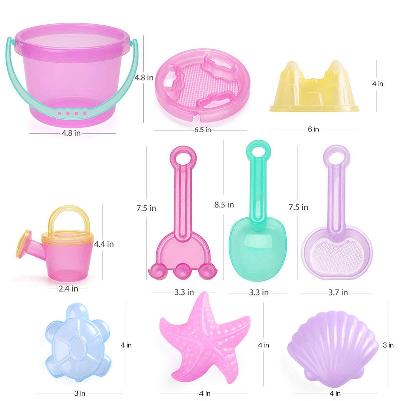 LotFancy 10PCS Sand Toys for Toddlers 1-3 3-5, Pink Beach Toys Set for Girls 18M+, Translucent Sand Castle Molds, Bucket, Sifter, Shovels & Watering Can, Durable Sandbox Toys for Kids - Image 2