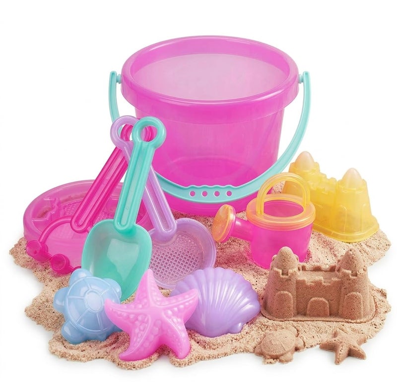 LotFancy 10PCS Sand Toys for Toddlers 1-3 3-5, Pink Beach Toys Set for Girls 18M+, Translucent Sand Castle Molds, Bucket, Sifter, Shovels & Watering Can, Durable Sandbox Toys for Kids - Image 1