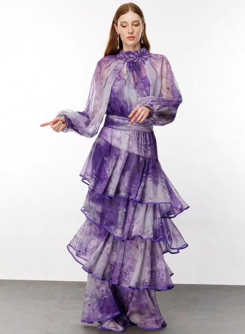 Meilun Purple - Gradient Bead - Embroidered High - Neck Lantern - Sleeve Layered Tiered Ruffled Maxi Dress  - Image 1