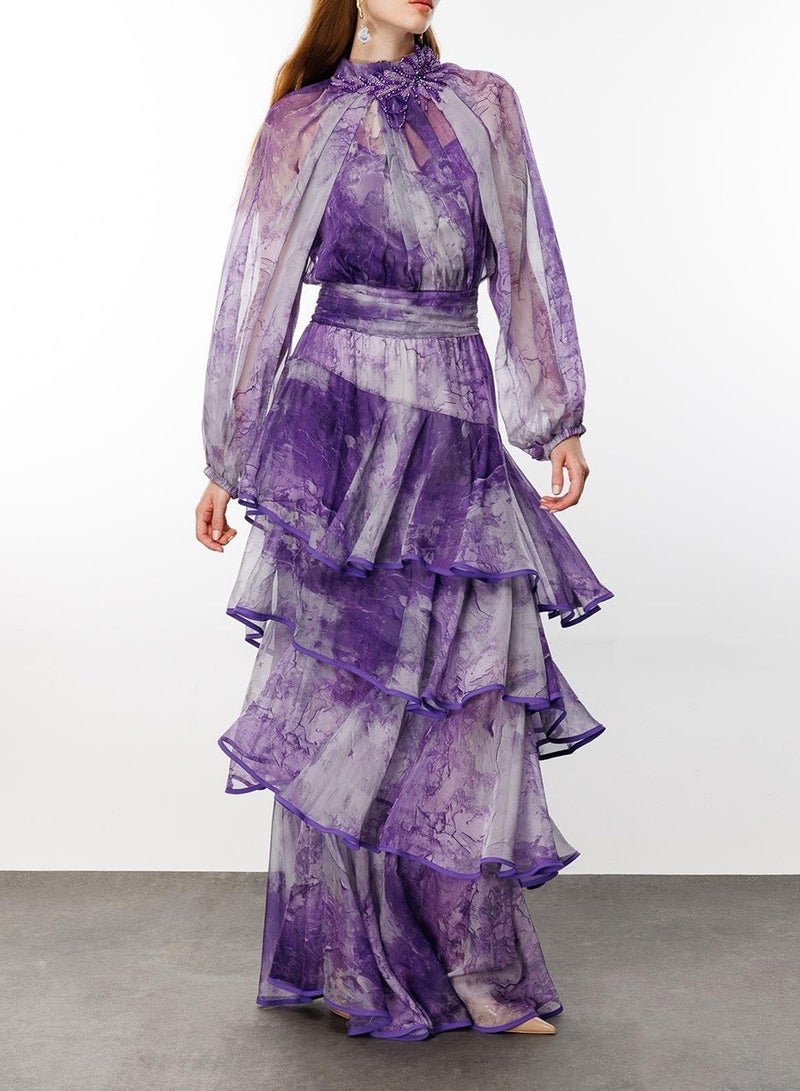 Meilun Purple - Gradient Bead - Embroidered High - Neck Lantern - Sleeve Layered Tiered Ruffled Maxi Dress  - Image 2