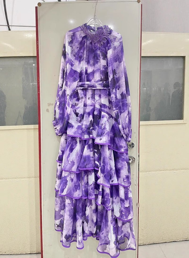 Meilun Purple - Gradient Bead - Embroidered High - Neck Lantern - Sleeve Layered Tiered Ruffled Maxi Dress  - Image 3