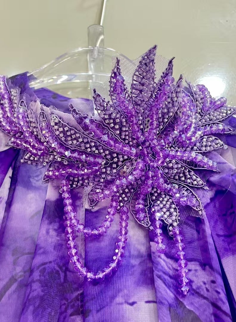 Meilun Purple - Gradient Bead - Embroidered High - Neck Lantern - Sleeve Layered Tiered Ruffled Maxi Dress  - Image 4
