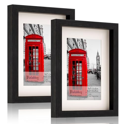 VIOLABBEY 8x10 Picture Frame Black Set of 2, Photo Frame 5 by 7 Inch with Mat or 8x10 Inch without Mat, Wall or Tabletop Display, Semi Tempered Glass - Image 1