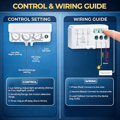 SENSILUX Microwave Motion Sensor Switch 180/360 Degree Radar Sensor, Adjustable Distance & Delay, Auto On Off Light Controller for LED Lights, Energy Saving Occupancy Sensor for Home Office - Image 2