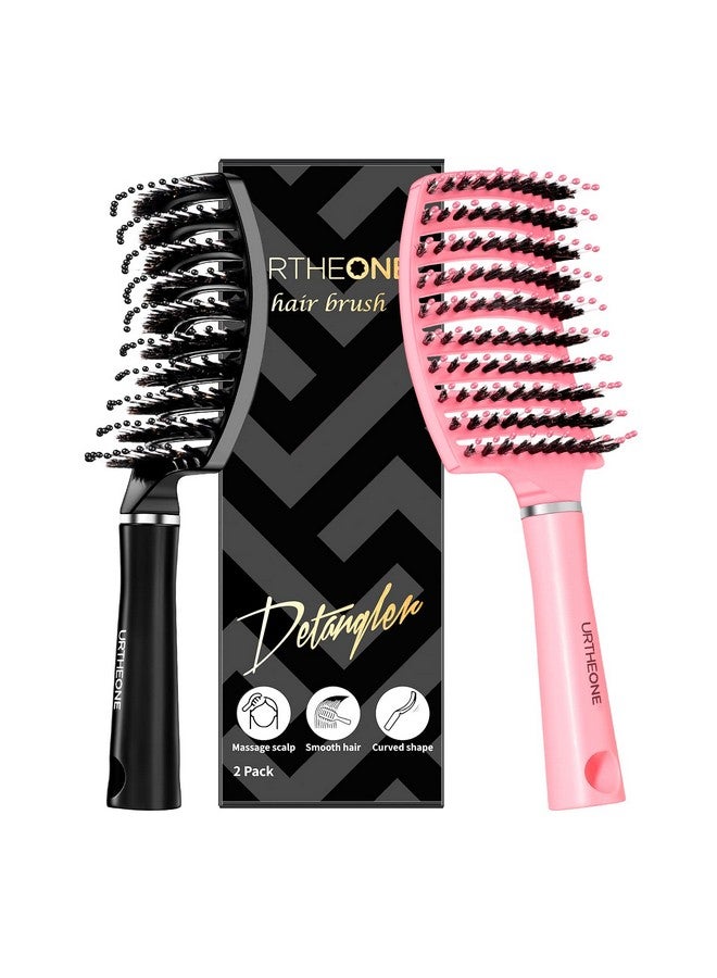 URTHEONE Hair Brush,URTHEONE Detangling Hairbrush Boar Bristle Curved Vented Hair Brush for Women Men Kids Curly Thick Long Short Wet or Dry Hair, Faster Blow Drying(2Pack, Black&Pink) - Image 1