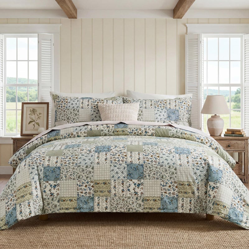 Cozaline Blue Floral Duvet Cover Set Queen Size 100% Cotton Botanical Patchwork Vintage Bedding Quilt Cover All Season 3 Pieces Soft Lightweight Comforter Cover - Image 3