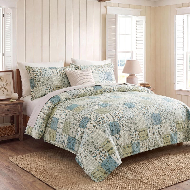 Cozaline Blue Floral Duvet Cover Set Queen Size 100% Cotton Botanical Patchwork Vintage Bedding Quilt Cover All Season 3 Pieces Soft Lightweight Comforter Cover - Image 4