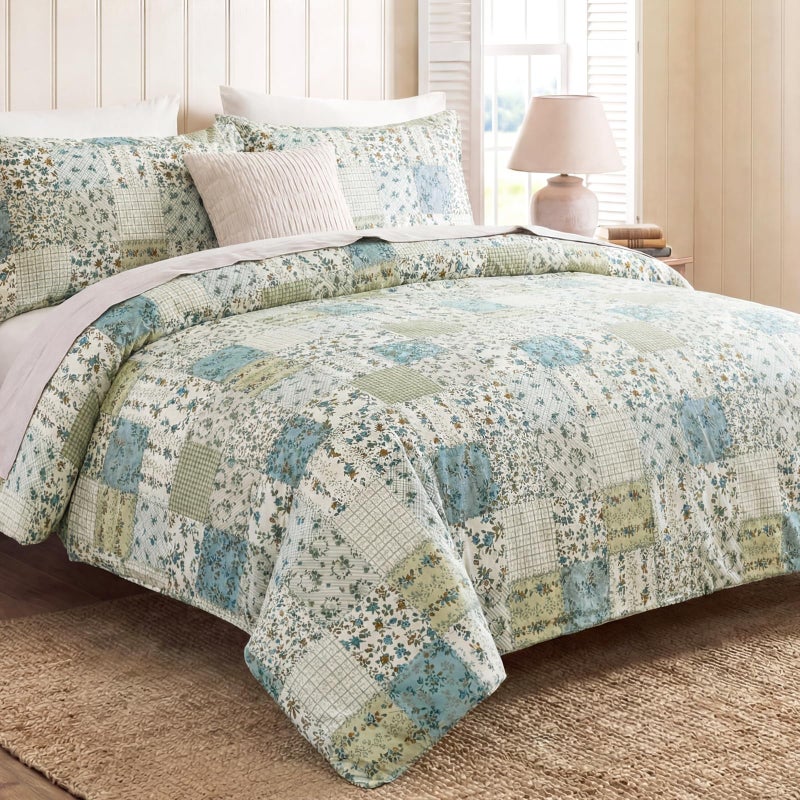 Cozaline Blue Floral Duvet Cover Set Queen Size 100% Cotton Botanical Patchwork Vintage Bedding Quilt Cover All Season 3 Pieces Soft Lightweight Comforter Cover - Image 2