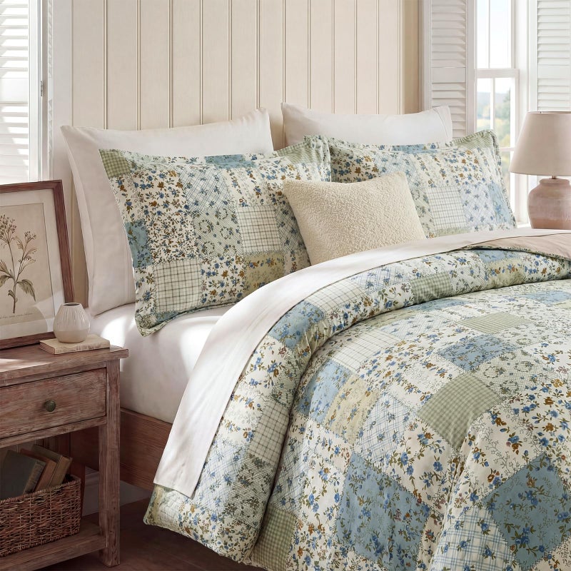 Cozaline Blue Floral Duvet Cover Set Queen Size 100% Cotton Botanical Patchwork Vintage Bedding Quilt Cover All Season 3 Pieces Soft Lightweight Comforter Cover - Image 5