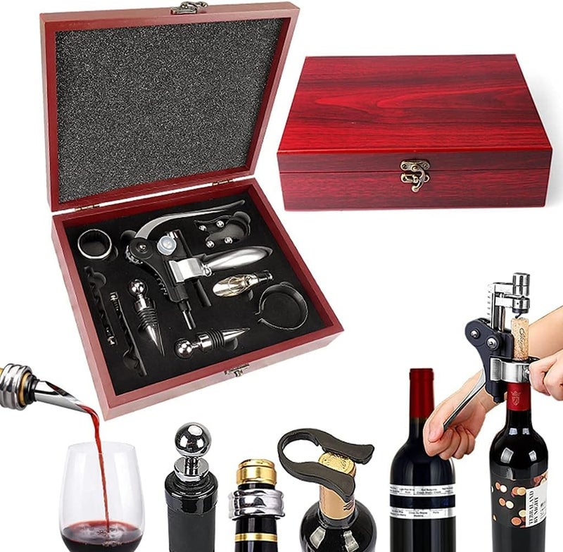 Luckam طقم فتاحة زجاجات النبيذ نوع الأرنب مع سدادات النبيذ، حلقة تنقيط، قاطع رقائق وفتاحة زجاجات إضافية، طقم فتاحة زجاجات نبيذ فاخر شامل في علبة هدايا خشبية أنيقة من الكرز - Image 1
