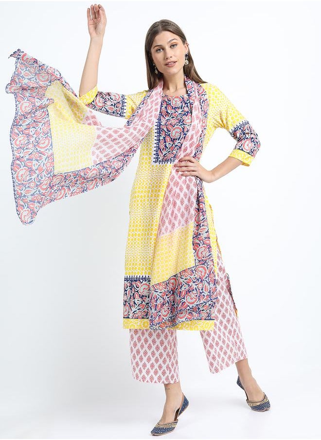 Vishudh - Women Yellow Printed Kurta Set with Dupatta by Styli - Image 1