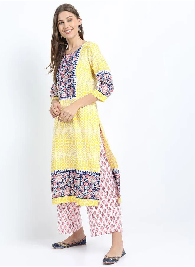 فيشود Women Yellow Printed Kurta Set with Dupatta by Styli