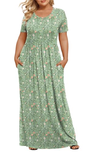 LONGYUAN Women's Plus Size Maxi Dresses for Curvy Women Summer Short Sleeve Casual 2026 Long Dress Green Fl 2XL - Image 1