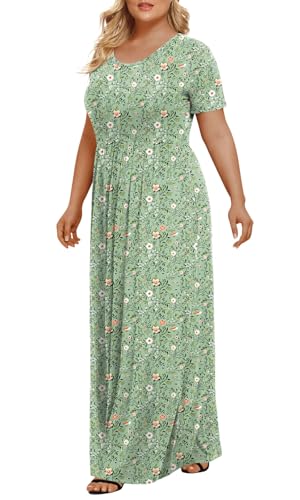 LONGYUAN Women's Plus Size Maxi Dresses for Curvy Women Summer Short Sleeve Casual 2026 Long Dress Green Fl 2XL - Image 2