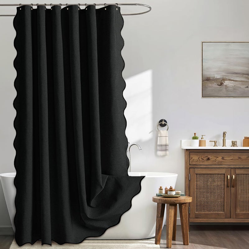 MIULEE 84" Long Scalloped Shower Curtain Linen Textured with 12 Metal Hooks Cute Extra Long Heavy Duty Washable Waterproof Cloth Halloween Shower Curtains with Black Border for Bathroom Hotel,Black - Image 1