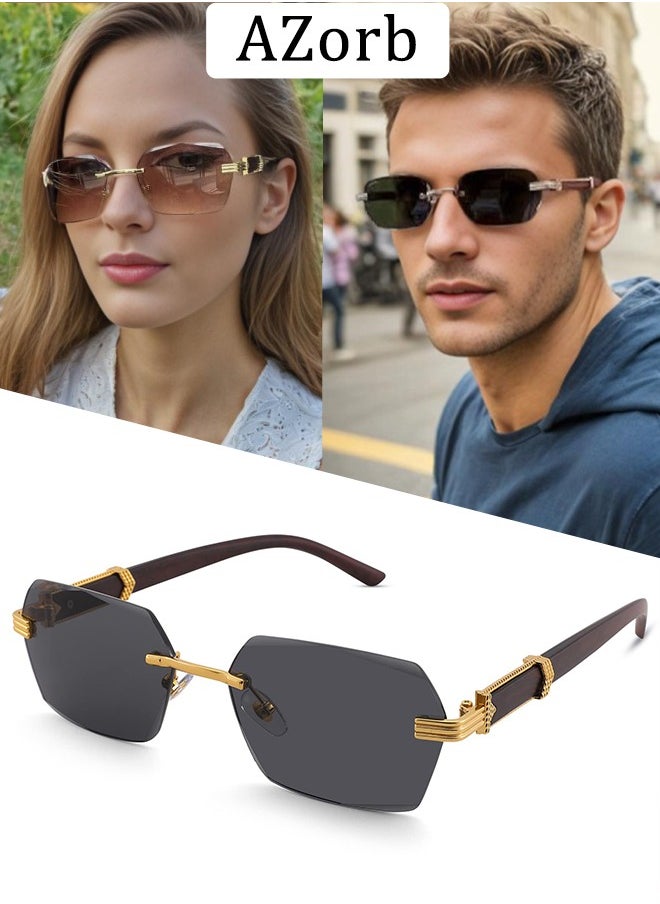 AZorb Rimless Sunglasses Women Men Wood Grain Frameless Fashion Sun Glassess Mens Womens Rectangle Men's Sunglasses Ladies Sunglass Vintage Eyewear UV400 Protection Shades Tinted Gradient Lens Black  - Image 1