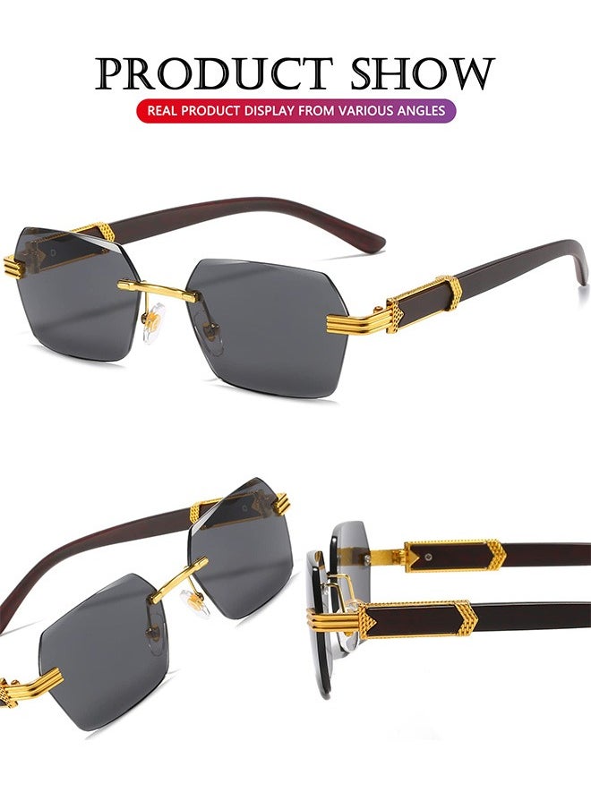 AZorb Rimless Sunglasses Women Men Wood Grain Frameless Fashion Sun Glassess Mens Womens Rectangle Men's Sunglasses Ladies Sunglass Vintage Eyewear UV400 Protection Shades Tinted Gradient Lens Black  - Image 3