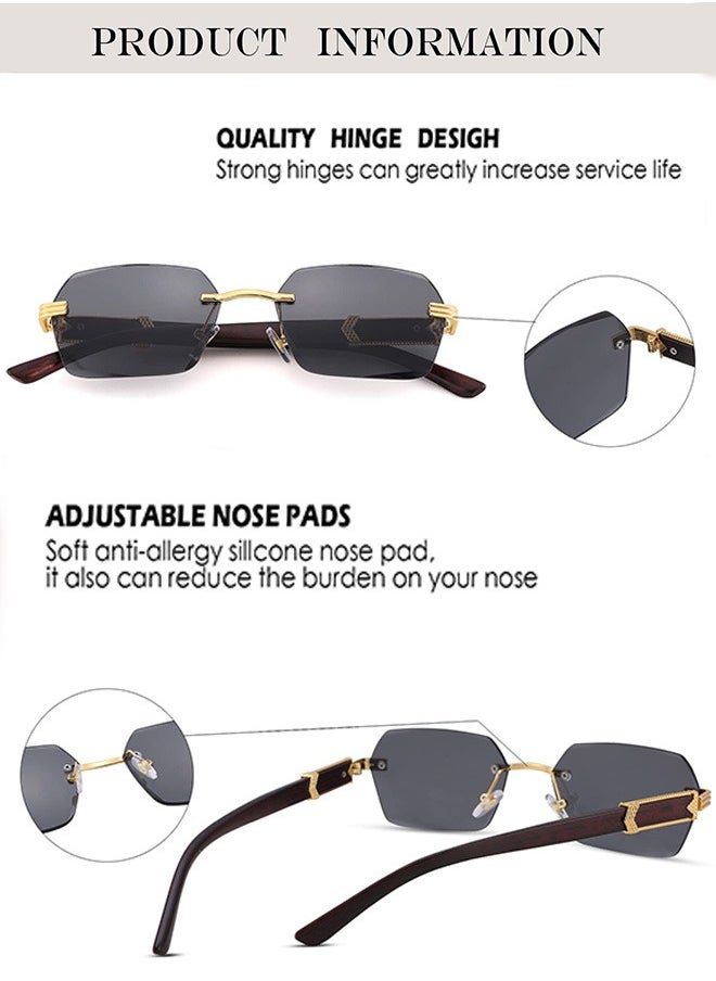 AZorb Rimless Sunglasses Women Men Wood Grain Frameless Fashion Sun Glassess Mens Womens Rectangle Men's Sunglasses Ladies Sunglass Vintage Eyewear UV400 Protection Shades Tinted Gradient Lens Black  - Image 5