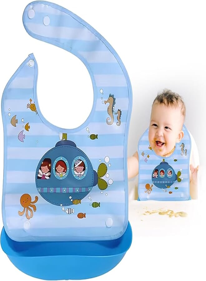 Baby Bib with Silicone Pocket - Cartoon Printed, Adjustable Silicone Bibs for Boys & Girls, Toddlers & Kids | Feeding Apron & Burp Cloth | Saliva Bandana Bib