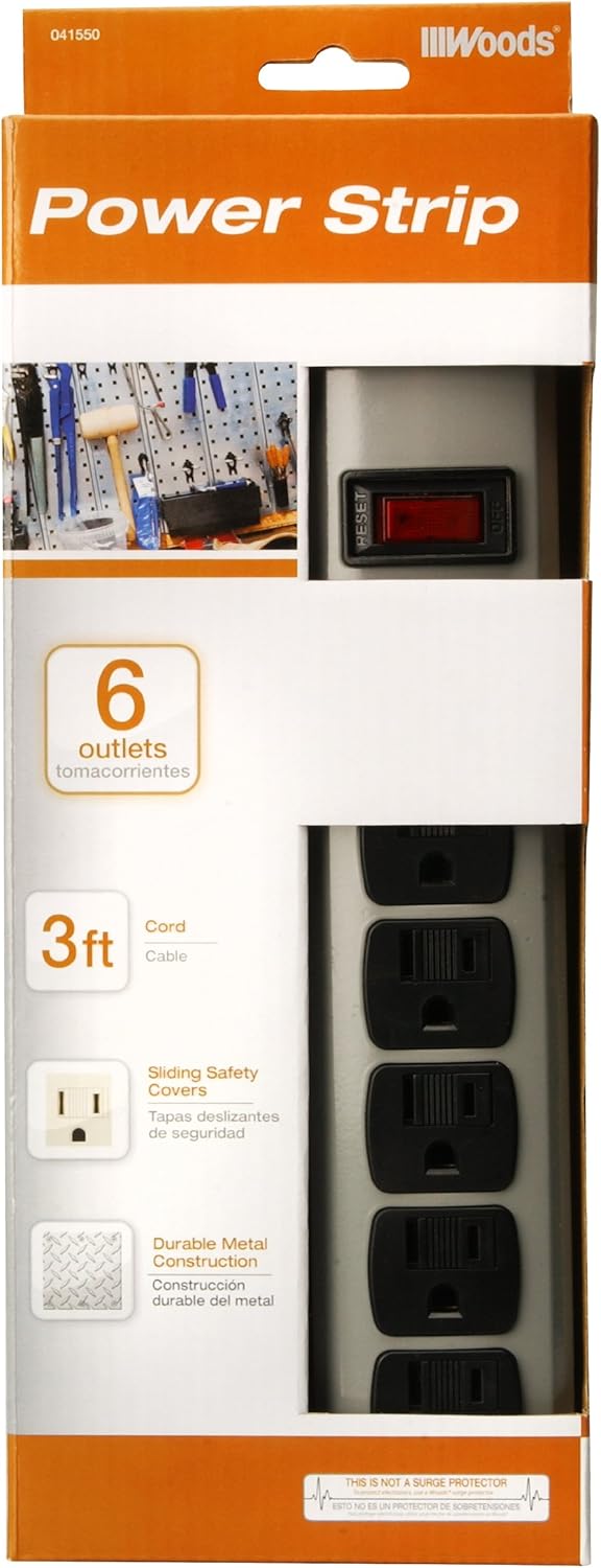 Woods 041550 6Outlet Metal Power Strip with 3Feet Cord Light Grey - Image 2