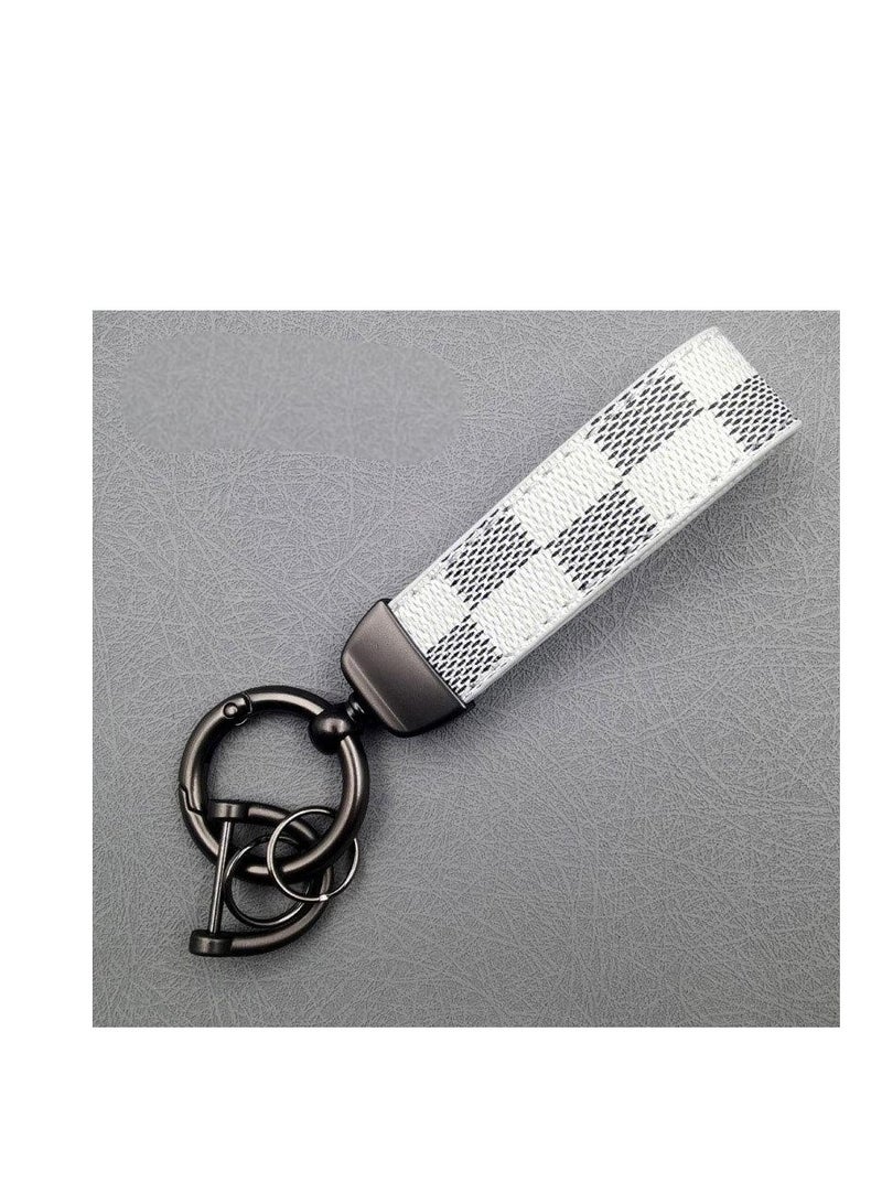 Gray Plaid PU Leather Car Keychain – Metal Zinc Alloy 360° Rotating Ring, Universal Key Holder for Car/Home/Bag, Wrist Strap with Screwdriver – Stylish Grid Design** - Image 1