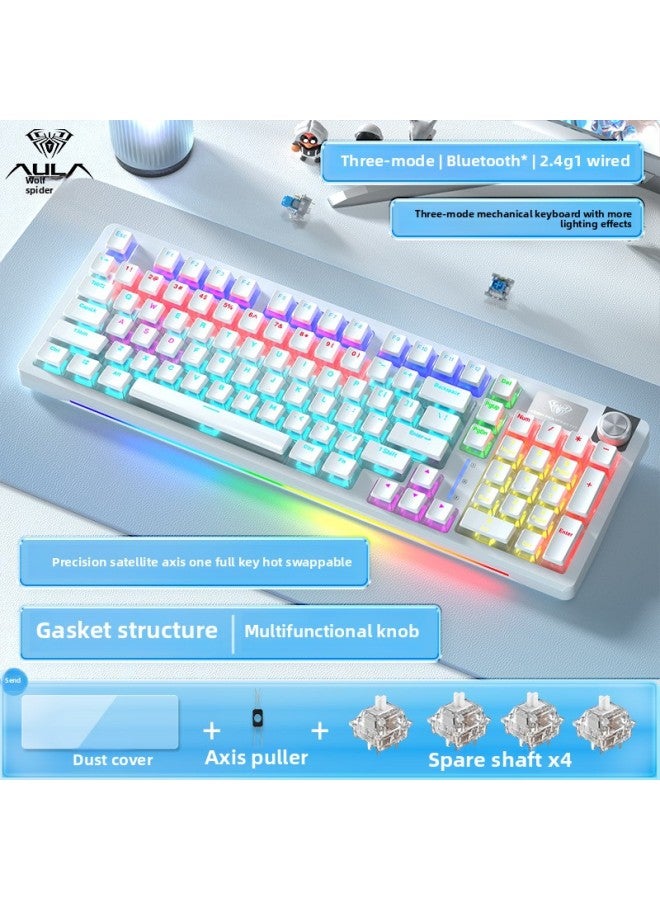 لوحة مفاتيح ميكانيكية لاسلكية S98 مخصصة بثلاثة أوضاع للألعاب الرياضية الإلكترونية ولوحة مفاتيح وماوس مناسبة للمكتب - اللون: محور أخضر - حليب أبيض - إرسال: (غطاء غبار + أغطية مفاتيح بيضاء كاملة ال - - Image 1