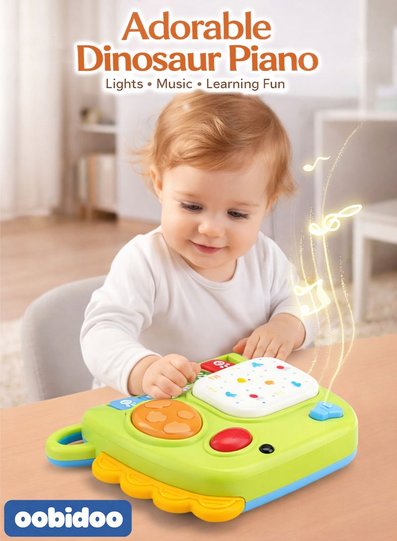 Oobidoo Interactive Green Dinosaur Piano for Toddlers Baby 2 in 1 Musical Toy 8 Key Educational Keyboard with Lights Beats Sound Effects Melodies Music Score Learning Toy Sensory Toy Developmental Toy for Manual Dexterity Hand Eye Coordination Rhythm Concentration Memory Teething Relief Safe Gift for Babies and Toddlers 19M Plus - Image 1