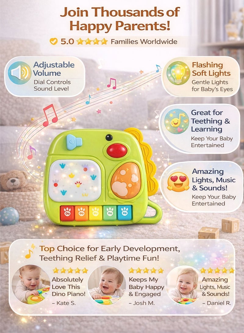 Oobidoo Interactive Green Dinosaur Piano for Toddlers Baby 2 in 1 Musical Toy 8 Key Educational Keyboard with Lights Beats Sound Effects Melodies Music Score Learning Toy Sensory Toy Developmental Toy for Manual Dexterity Hand Eye Coordination Rhythm Concentration Memory Teething Relief Safe Gift for Babies and Toddlers 19M Plus - Image 2