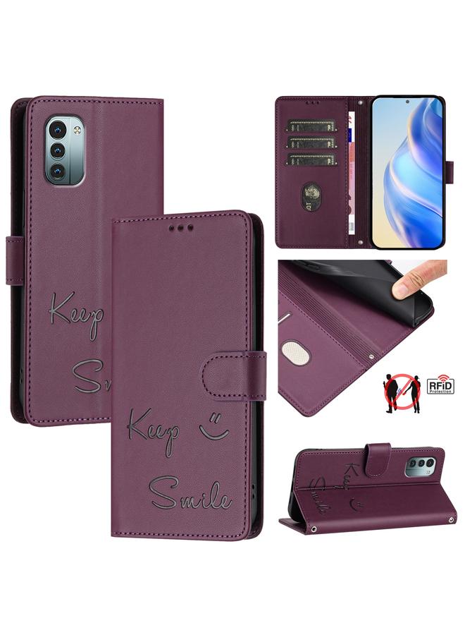 Zaboon For Nokia G11 / G21  Smile Embossing RFID Leather Phone Case(Violet)