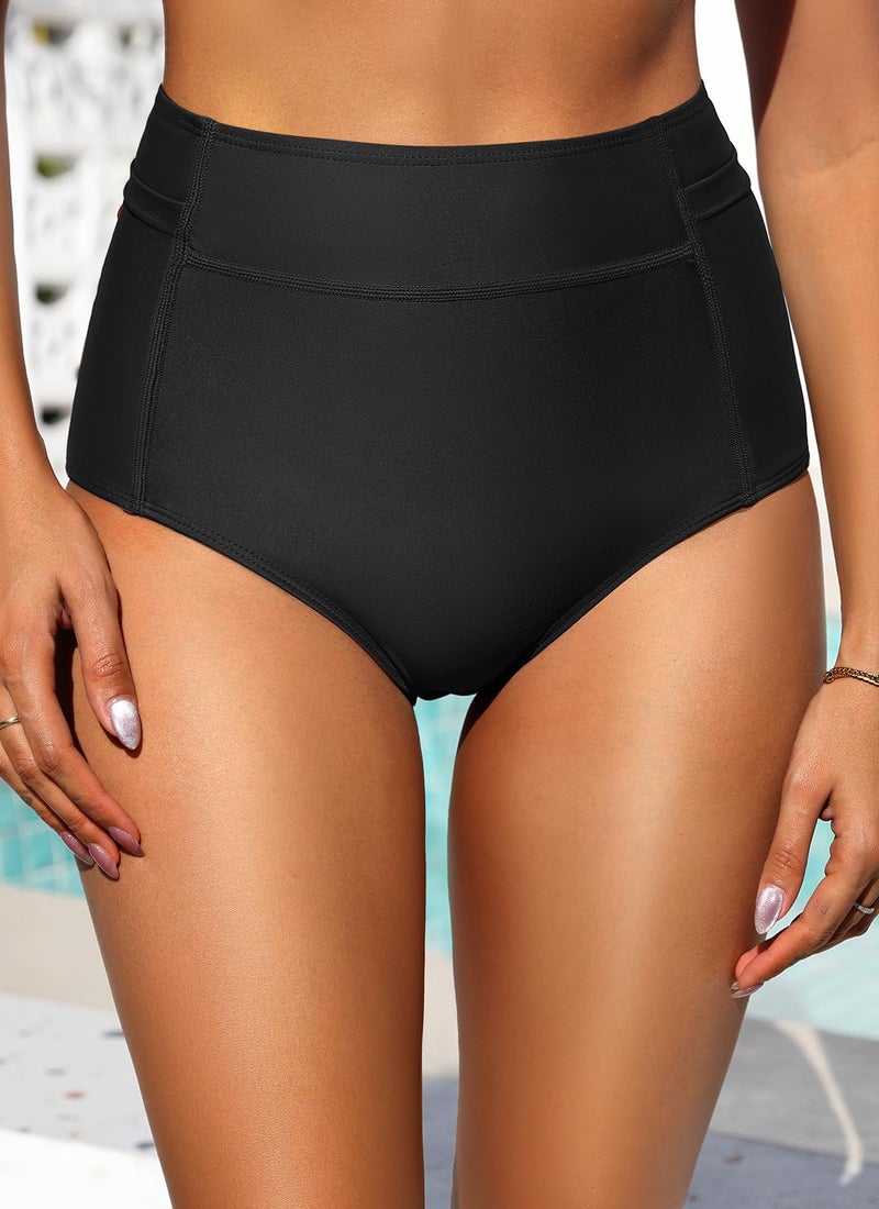 Tempt Me Women High Waisted Swimsuit Bikini Bottoms - Black Tummy Control Swim Bottom Full Coverage Bathing Suit with Pockets 2025 L - Image 5
