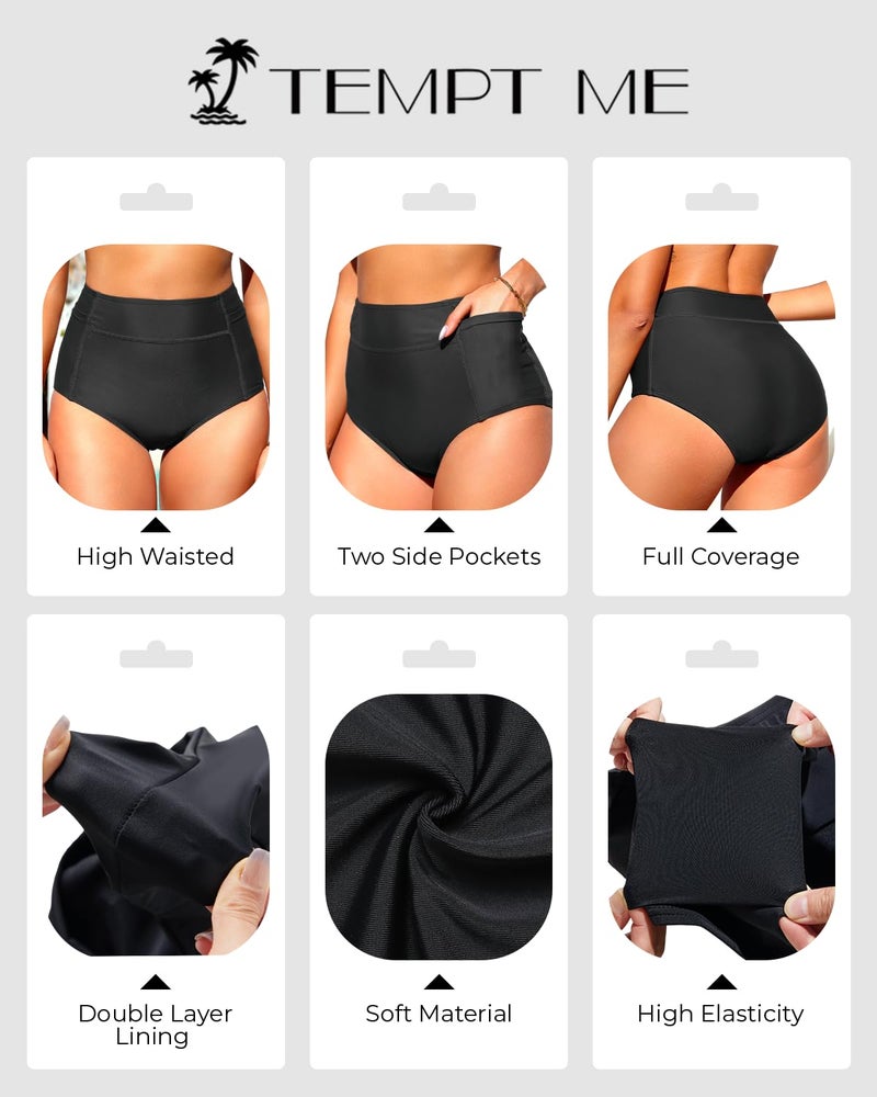 Tempt Me Women High Waisted Swimsuit Bikini Bottoms - Black Tummy Control Swim Bottom Full Coverage Bathing Suit with Pockets 2025 L - Image 4